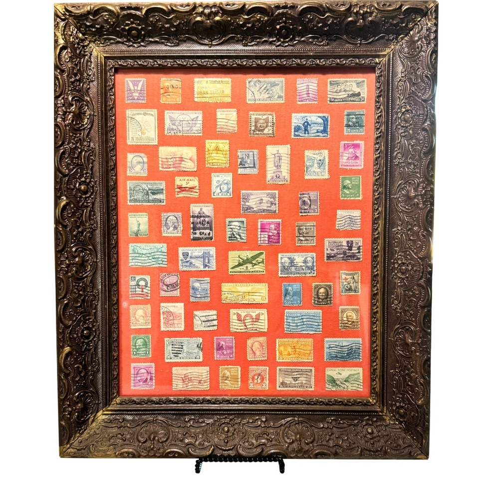 Vintage US & International Postage Stamp Collection (ca. 1930-1960) Framed